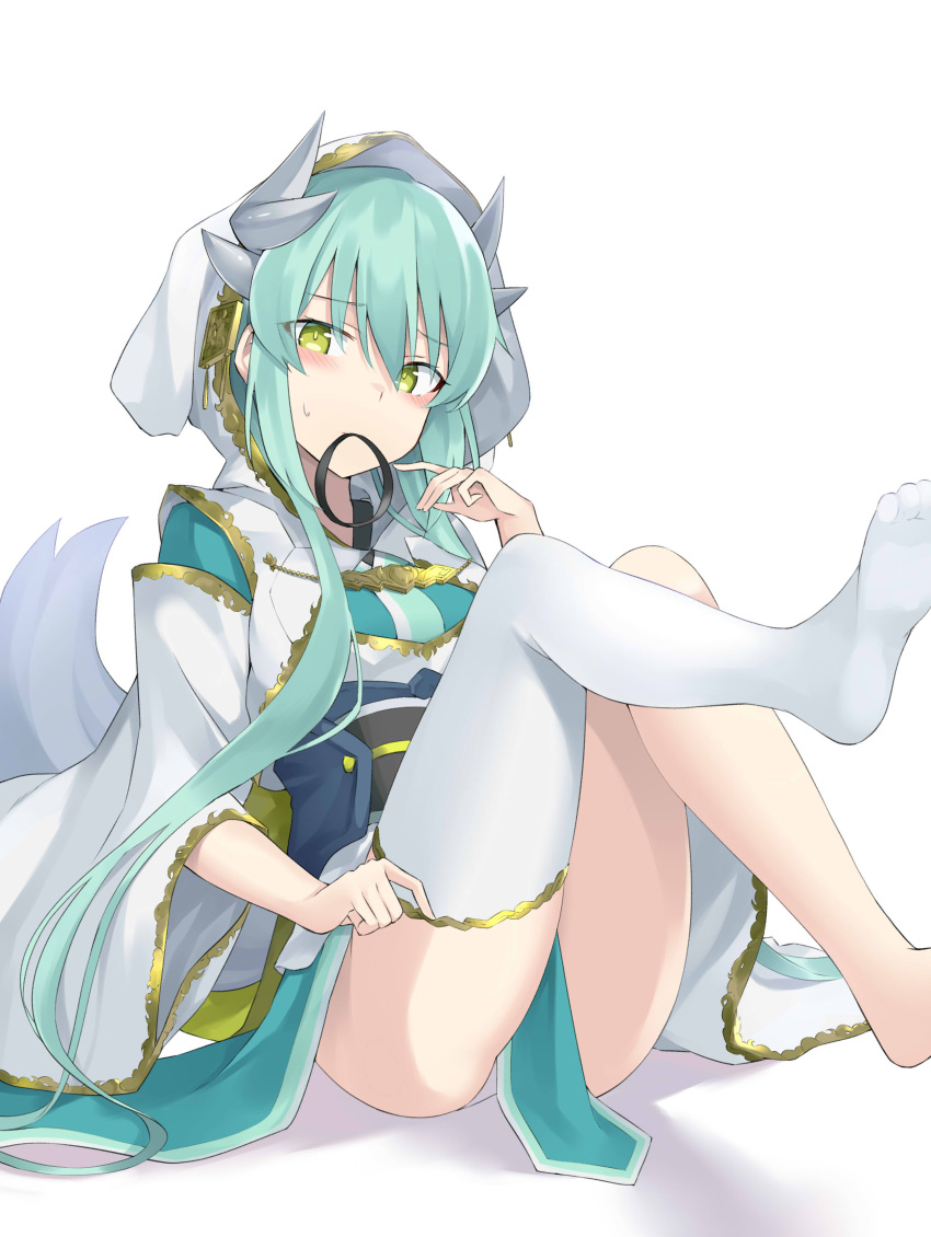 100 1girl absurdres aqua_hair ass bangs barefoot blush breasts commentary_request dragon_girl dragon_horns eyebrows_visible_through_hair eyes_visible_through_hair fate/grand_order fate_(series) green_eyes hair_between_eyes hair_tie_in_mouth highres hood horns japanese_clothes kimono kiyohime_(fate/grand_order) knees_up leg_up long_hair long_sleeves looking_at_viewer mouth_hold no_shoes obi panties pelvic_curtain revision sash shadow sidelocks simple_background single_thighhigh sitting small_breasts solo sweatdrop thigh-highs underwear very_long_hair white_background white_kimono white_legwear white_panties wide_sleeves