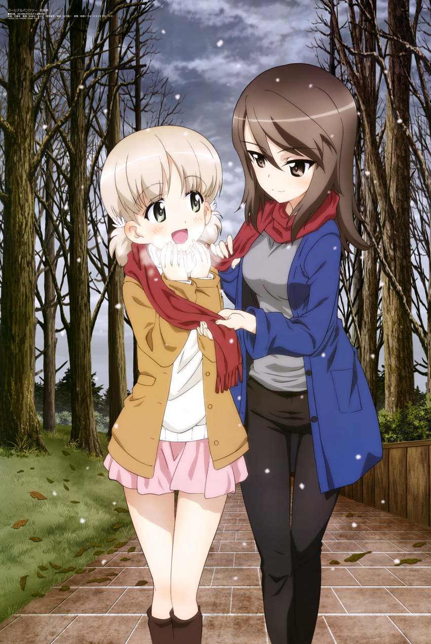 2girls :d absurdres aki_(girls_und_panzer) bangs blonde_hair breasts breath brown_eyes brown_hair buttons clouds coat day eyebrows_visible_through_hair fence girls_und_panzer grass green_eyes hands_up highres holding jacket leaf looking_at_another medium_breasts megami mika_(girls_und_panzer) multiple_girls official_art open_mouth outdoors overcast pants path pocket road scarf sharing short_twintails sidewalk skirt smile snow snowing socks tree twintails vapors wooden_fence