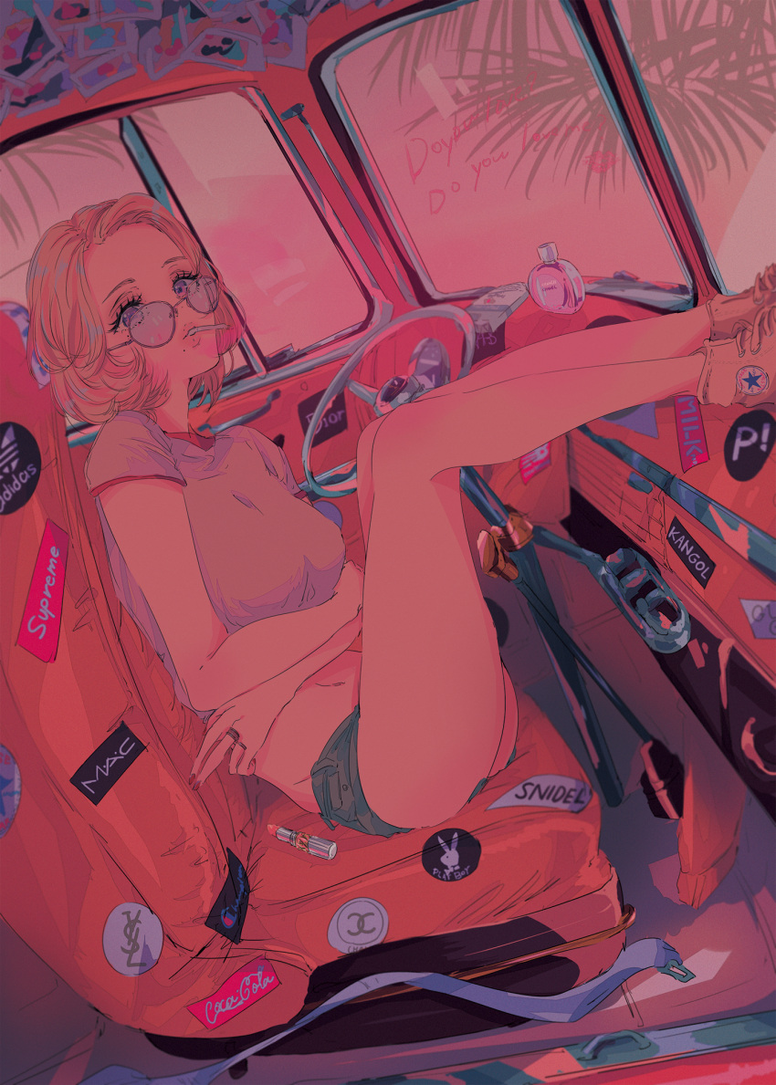 1girl adidas blonde_hair blue_eyes bottle breasts car_interior coca-cola crop_top crossed_arms english_text feet_up glasses highres jewelry lipstick_mark lipstick_tube logo looking_at_viewer medium_breasts midriff mole mole_under_mouth mouth_hold najuco_(naju0517) original palm_tree perfume_bottle photo_(object) red ring seatbelt shoes short_hair short_shorts short_sleeves shorts sitting sneakers solo star steering_wheel sticker supreme tree window