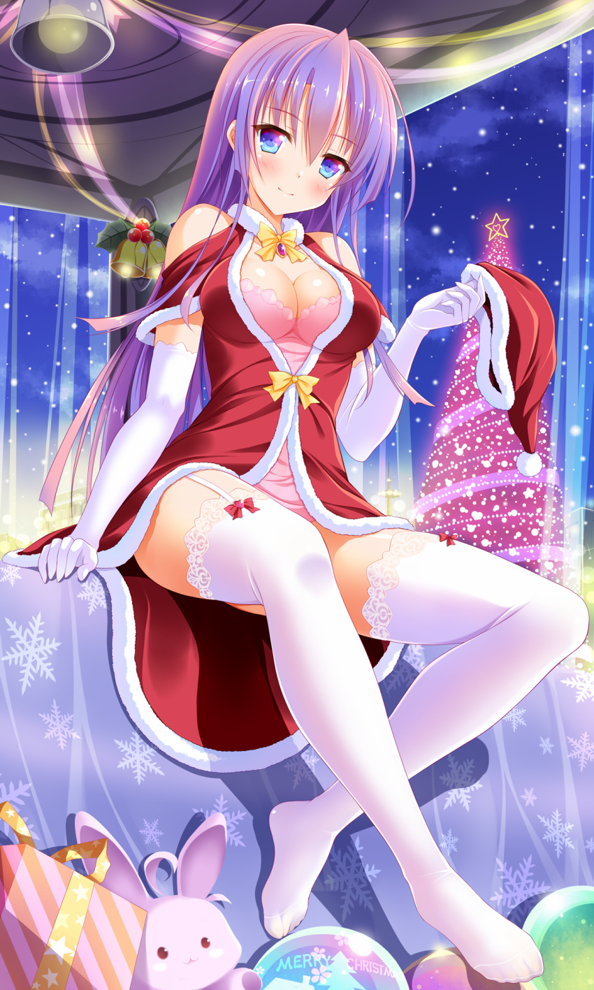 1girl bangs bashen_chenyue bell blue_eyes blush bow box breasts christmas christmas_ornaments christmas_tree cleavage closed_mouth clouds collarbone commentary_request dress elbow_gloves eyebrows_visible_through_hair fur-trimmed_dress fur-trimmed_hat fur-trimmed_sleeves fur_trim garter_straps gift gift_box gloves hair_between_eyes hat hat_removed head_tilt headwear_removed heart highres holding holding_hat lace lace-trimmed_thighhighs long_hair medium_breasts merry_christmas night night_sky no_shoes original outdoors purple_hair red_bow red_dress red_hat santa_hat short_sleeves sky smile snowflake_print snowing solo star stuffed_animal stuffed_bunny stuffed_toy thigh-highs very_long_hair white_gloves white_legwear yellow_bow