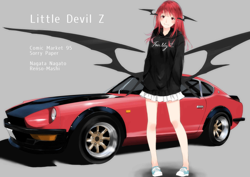 1girl absurdres alternate_costume artist_name bare_legs black_hoodie black_wings blush car closed_mouth clothes_writing commentary_request demon_wings drawstring english_text full_body green_footwear grey_background ground_vehicle hands_in_pockets head_tilt head_wings highres hood hood_down jpeg_artifacts koakuma long_hair long_sleeves low_wings miniskirt motor_vehicle nagata_nagato nissan_fairlady pigeon-toed red_eyes redhead shoes simple_background skirt solo standing touhou white_skirt wings