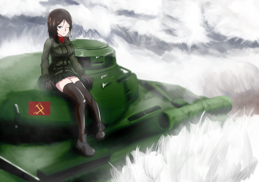 1girl artist_request blue_eyes breasts day emblem girls_und_panzer ground_vehicle highres is-2 military military_vehicle motor_vehicle nonna one_eye_closed pravda_(emblem) pravda_military_uniform shirt short_hair skirt snow solo tank thigh-highs