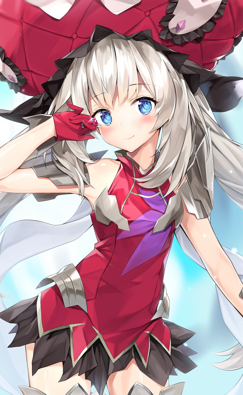 1girl absurdres arm_at_side armpits bangs bare_arms bare_shoulders black_skirt blue_eyes blue_sky blush breasts closed_mouth commentary_request cowboy_shot eyebrows_visible_through_hair fate/grand_order fate_(series) frilled_hat frills gedou_(shigure_seishin) glint gloves grey_legwear hand_up hat head_tilt highres jewelry long_hair looking_at_viewer marie_antoinette_(fate/grand_order) miniskirt pleated_skirt red_gloves red_hat red_shirt ring shirt shoulder_armor sidelocks silver_hair skirt sky sleeveless sleeveless_shirt small_breasts smile solo standing thigh-highs twintails very_long_hair zettai_ryouiki