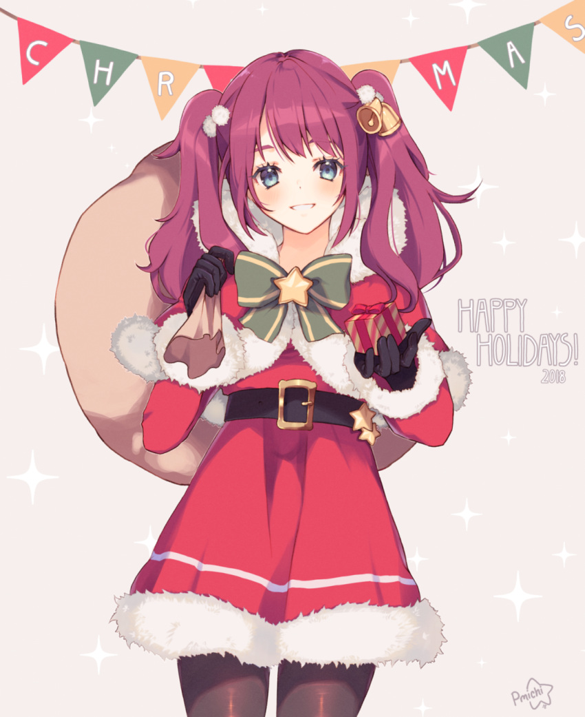 1girl bell belt black_gloves black_legwear blue_eyes blush bow box capelet christmas cowboy_shot fur_trim gift gift_box gloves green_bow hair_bell hair_ornament happy_holidays highres long_hair original pantyhose peachy_michi purple_hair sack santa_costume signature simple_background smile solo standing twintails