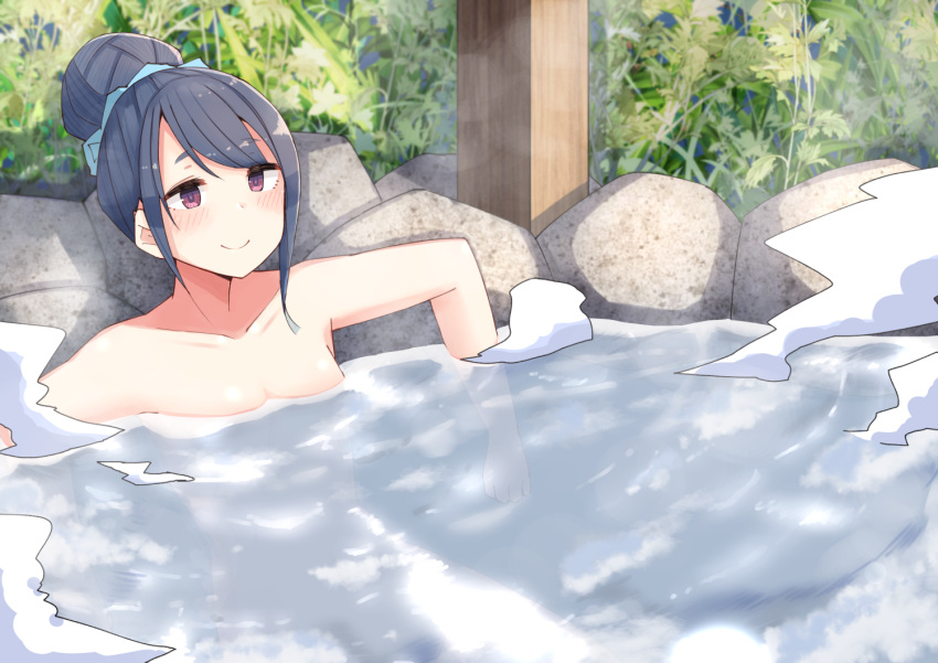 1girl bare_shoulders bathing blue_hair collarbone hair_bun hair_ornament hair_scrunchie long_hair looking_up onsen plan_(planhaplalan) scrunchie shima_rin smile solo violet_eyes yurucamp