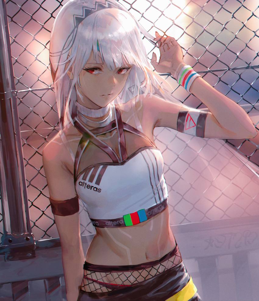 1girl absurdres adjusting_hair altera_(fate) armlet bangs bare_shoulders black_nails brand_name_imitation breasts chain-link_fence commentary_request crop_top dark_skin fate/grand_order fate_(series) fence fishnets full_body_tattoo headdress highres huge_filesize leaning_back midriff nail_polish navel parted_lips red_eyes revealing_clothes shogo_(shogo) small_breasts stomach tan tattoo veil white_hair