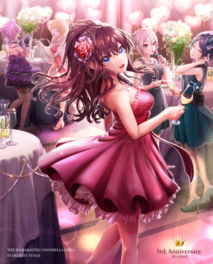 5girls :d absurdres akapii_(jun_0512) anniversary black_dress blonde_hair blue_eyes breasts brown_hair champagne_flute closed_eyes collarbone commentary_request copyright_name crown cup dated dress drinking_glass fishnet_pantyhose fishnets flower frilled_dress frills grey_eyes grey_hair hair_flower hair_ornament hayami_kanade heart_balloon highres holding holding_cup ichinose_shiki idolmaster idolmaster_cinderella_girls idolmaster_cinderella_girls_starlight_stage jougasaki_mika lipps_(idolmaster) long_hair looking_at_viewer looking_back medium_breasts miyamoto_frederica multiple_girls open_mouth pantyhose party pink_dress pink_hair purple_dress purple_hair shiomi_shuuko short_dress short_hair smile table wavy_hair yellow_eyes