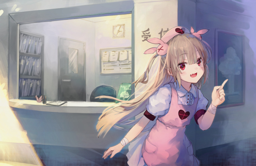 &gt;_&lt; 1girl :d apron bandage bandaged_arm bandages bangs blush bookshelf brown_hair bunny_hair_ornament center_frills chair clock collared_shirt door eyebrows_visible_through_hair fang frills hair_between_eyes hair_ornament hand_up hat heart index_finger_raised indoors long_hair looking_at_viewer natori_sana nurse_cap office_chair open_mouth origami painting_(object) paper_crane pink_apron pink_hat pleated_skirt puffy_short_sleeves puffy_sleeves red_eyes roll_okashi sana_channel shirt short_sleeves skirt smile solo two_side_up very_long_hair virtual_youtuber wall_clock white_shirt white_skirt