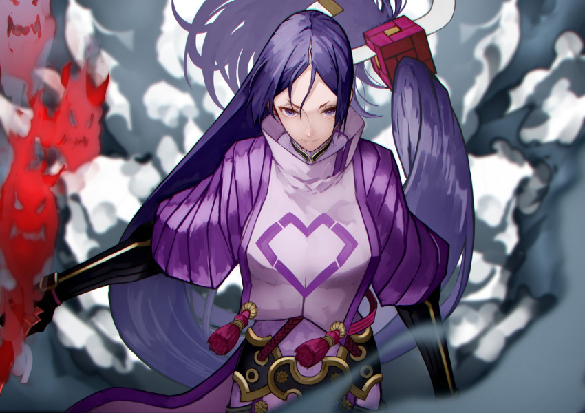 1girl 55level arm_guards bodysuit breasts fate/grand_order fate_(series) holding holding_sword holding_weapon large_breasts long_hair looking_at_viewer low-tied_long_hair minamoto_no_raikou_(fate/grand_order) purple_bodysuit purple_hair solo sword very_long_hair violet_eyes weapon