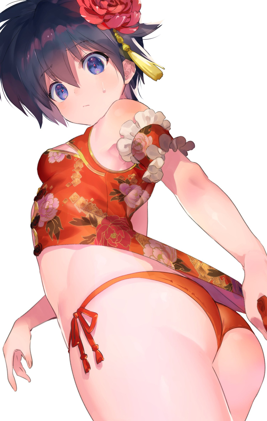 1girl ass bare_shoulders blue_eyes blue_hair breasts china_dress chinese_clothes commentary_request cowboy_shot dress dress_tug eyebrows_visible_through_hair floral_print flower frills from_behind from_below genderswap genderswap_(mtf) hair_between_eyes hair_flower hair_ornament highres houshin_engi looking_at_viewer looking_back mimoza_(96mimo414) orange_dress orange_panties panties red_flower short_dress short_hair side-tie_panties simple_background small_breasts solo sweatdrop taikoubou tassel underwear white_background