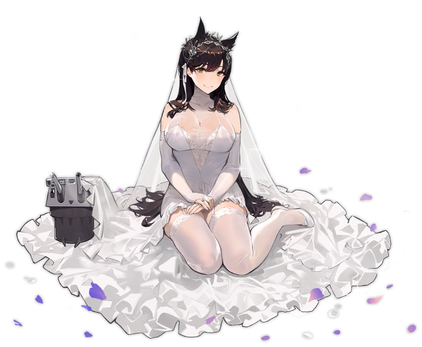 1girl animal_ears atago_(azur_lane) azur_lane bare_shoulders black_hair blush breasts cleavage closed_mouth collarbone dress eyebrows_visible_through_hair fox_ears full_body garter_straps high_heels jewelry kishiyo large_breasts long_hair looking_at_viewer official_art petals ring seiza sitting smile solo thigh-highs transparent_background very_long_hair wedding_dress wedding_ring white_dress white_footwear white_legwear