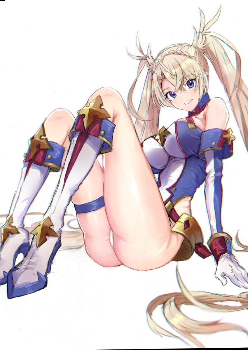 1girl absurdres akebono_kt armor bare_shoulders blonde_hair blue_eyes boots bradamante_(fate/grand_order) braid breasts crown_braid elbow_gloves fate/grand_order fate_(series) faulds french_braid gloves grin highres leotard long_hair medium_breasts simple_background sitting smile solo thighs twintails very_long_hair white_background white_gloves