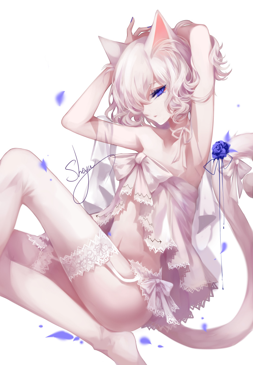1girl absurdres animal_ear_fluff animal_ears armpits arms_up artist_name ass babydoll blue_eyes blue_flower blue_nails blue_rose bow cat_ears cat_tail choker collarbone commentary eyelashes feet_out_of_frame flower garter_belt hair_over_one_eye head_tilt highres knee_up lingerie looking_at_viewer nail_polish navel no_shoes original petals ribbon_choker rose rose_petals sheya signature silver_hair simple_background solo stomach strapless tail thigh-highs thighs underwear underwear_only white_background white_bow white_choker white_legwear
