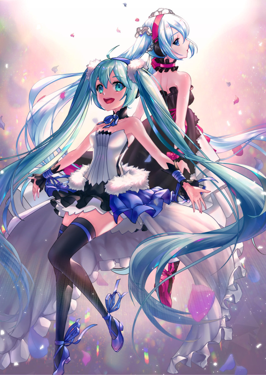 2girls :d absurdly_long_hair absurdres ankle_ribbon black_legwear blue_eyes blue_footwear blue_hair blue_hairband blue_ribbon choker floating_hair hair_ornament hairband hatsune_miku headphones highres layered_skirt long_hair looking_back miniskirt multicolored multicolored_clothes multicolored_skirt multiple_girls neck_ribbon open_mouth outstretched_arm petals red_footwear red_hairband red_ribbon ribbon sheep_1313 skirt sleeveless smile strapless thigh-highs twintails very_long_hair vocaloid white_skirt wrist_cuffs zettai_ryouiki