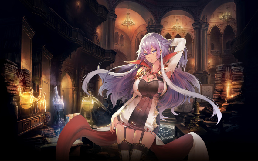 1girl absurdres alchemy arch architecture arm_at_side armillary_sphere armpit_cutout blue_eyes book book_stack bookshelf breasts bridal_gauntlets candle candlelight chandelier collarbone cygames desk dress flask garter_straps hair_between_eyes hand_in_hair hand_on_head hand_on_thigh high_collar highres indoors isabelle_(shadowverse) ladder large_breasts lavender_eyes lavender_hair legs_together library long_hair looking_at_viewer magic_circle microscope multicolored_hair official_art open_mouth potion shadowverse shiny shiny_skin short_dress sidelocks solo standing streaked_hair teddy_(khanshin) thigh-highs thighs two-tone_hair white_hair whiteboard