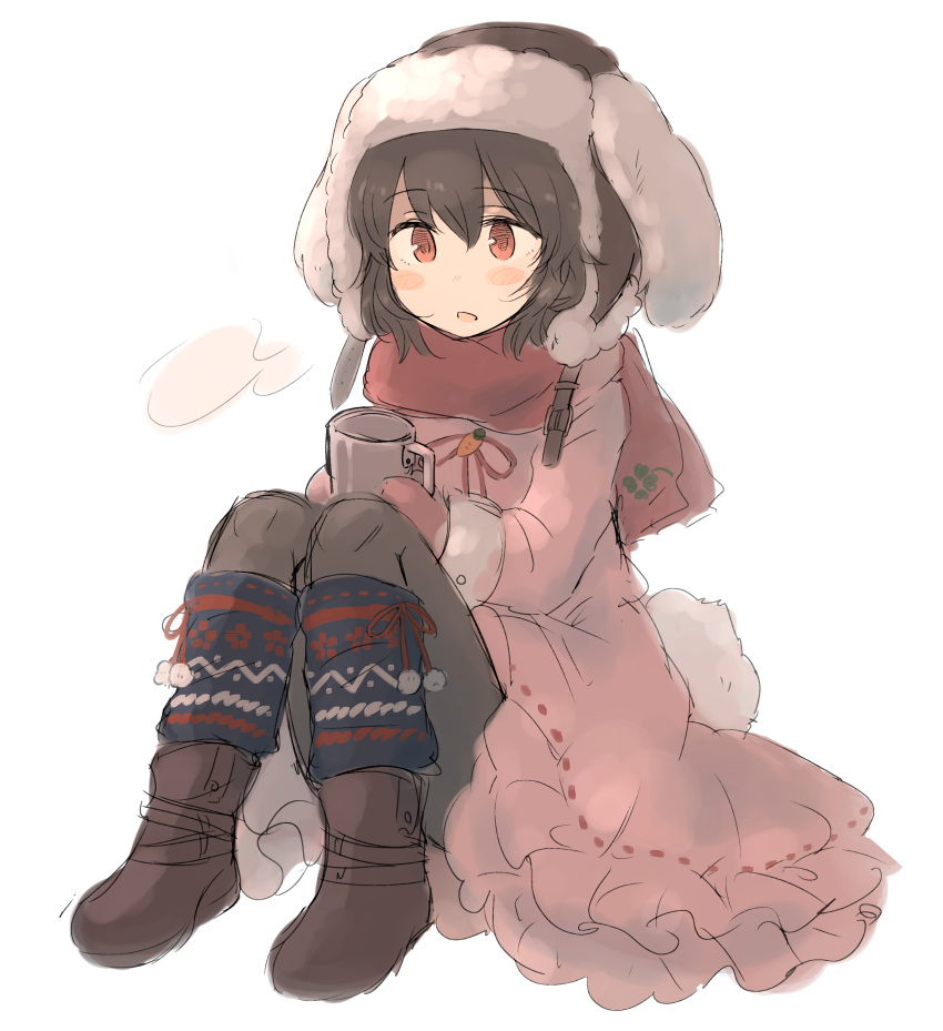 1girl absurdres bangs blush_stickers boots brown_footwear brown_hair brown_hat brown_legwear coat commentary_request cup eyebrows_visible_through_hair full_body hair_between_eyes hat highres holding holding_cup inaba_tewi inazakura00 leg_warmers long_sleeves mittens mug pantyhose parted_lips pink_coat red_eyes red_mittens red_ribbon red_scarf ribbon scarf simple_background sitting sketch solo touhou white_background