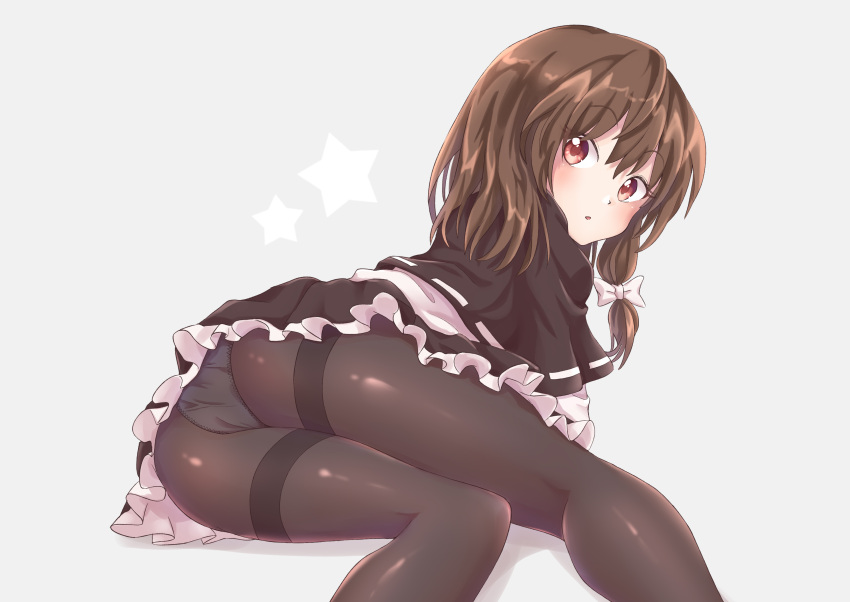 1girl absurdres ass bad_proportions bangs black_capelet black_legwear black_skirt bow brown_eyes brown_hair capelet commentary_request from_behind grey_background hair_bow highres long_hair looking_at_viewer looking_back lying miniskirt on_side panties panties_under_pantyhose pantyhose ramie_(ramie541) revision shirt simple_background skirt solo star thighband_pantyhose touhou underwear usami_renko white_bow white_shirt