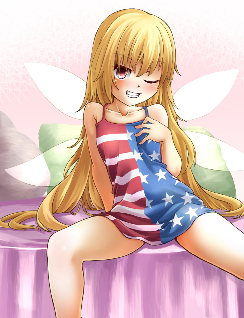 1girl adapted_costume adworse american_flag american_flag_print bangs bare_arms bare_legs bare_shoulders blonde_hair blush clownpiece collarbone eyebrows_visible_through_hair fairy_wings flag_print grin hand_up highres leaning_to_the_side long_hair looking_at_viewer one_eye_closed pillow pink_background red_eyes sitting smile solo spread_legs teeth touhou very_long_hair wings