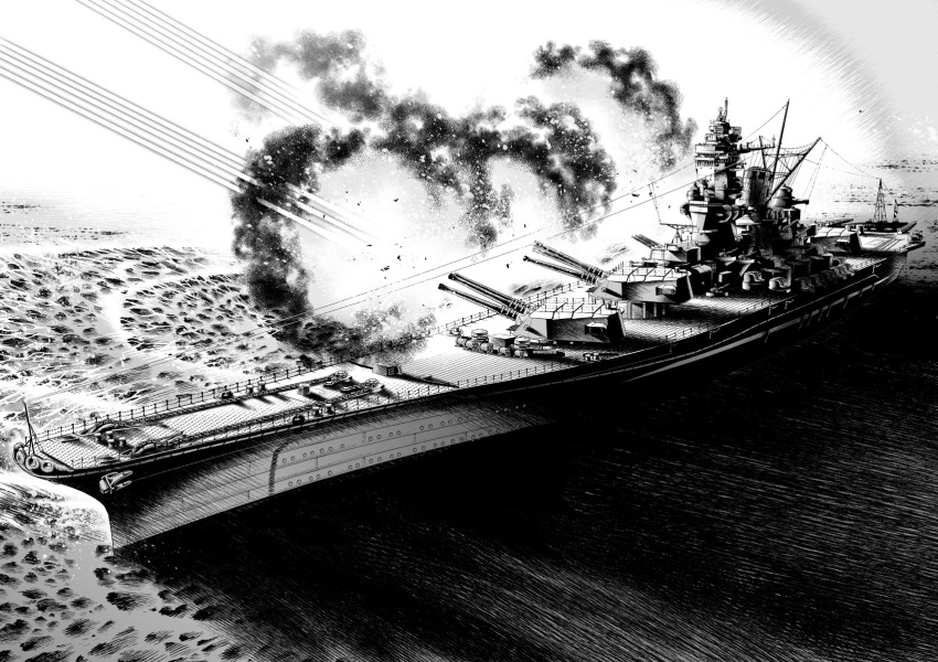 battleship commentary_request firing greyscale highres hiroki_(soramamehkk) imperial_japanese_navy military military_vehicle monochrome muzzle_flash no_humans ocean original outdoors ripples shade ship turret warship water watercraft yamato_(battleship)