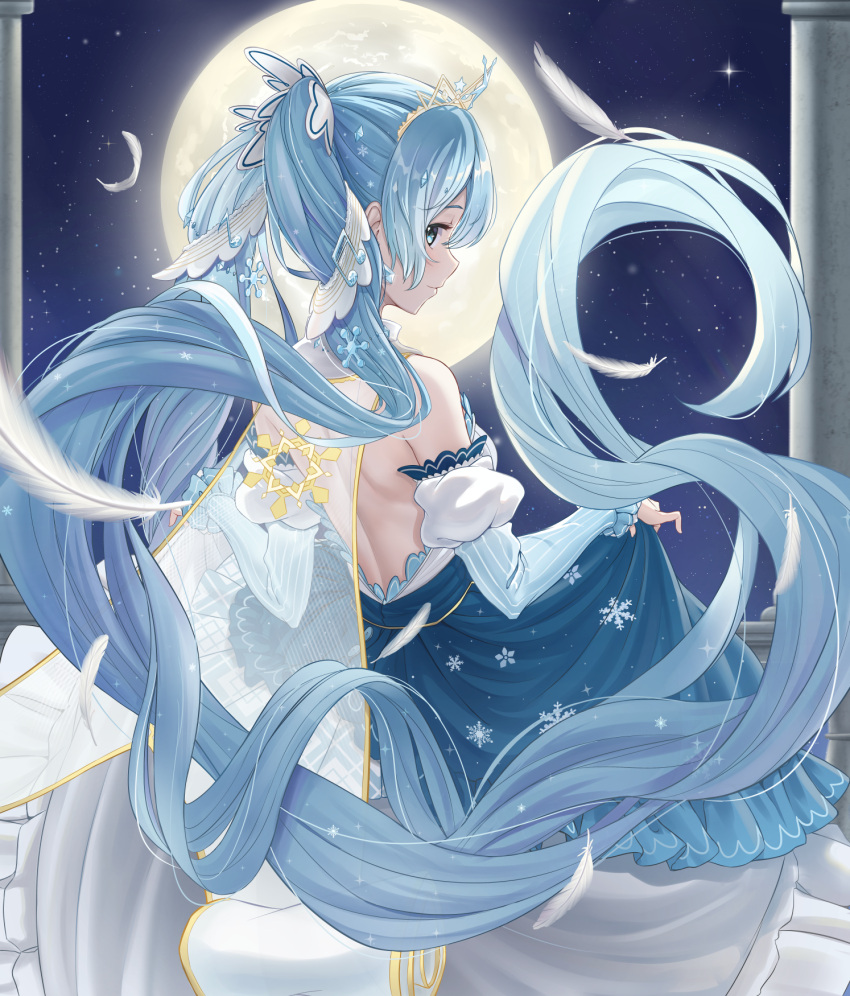 1girl absurdly_long_hair back backless_dress backless_outfit bangs bibboss39 blue_eyes blue_hair detached_sleeves dress feathers floating_hair from_behind full_moon hatsune_miku highres long_hair moon musical_note_hair_ornament night skirt_hold sky snowflakes solo star_(sky) starry_sky tiara twintails very_long_hair vocaloid yuki_miku