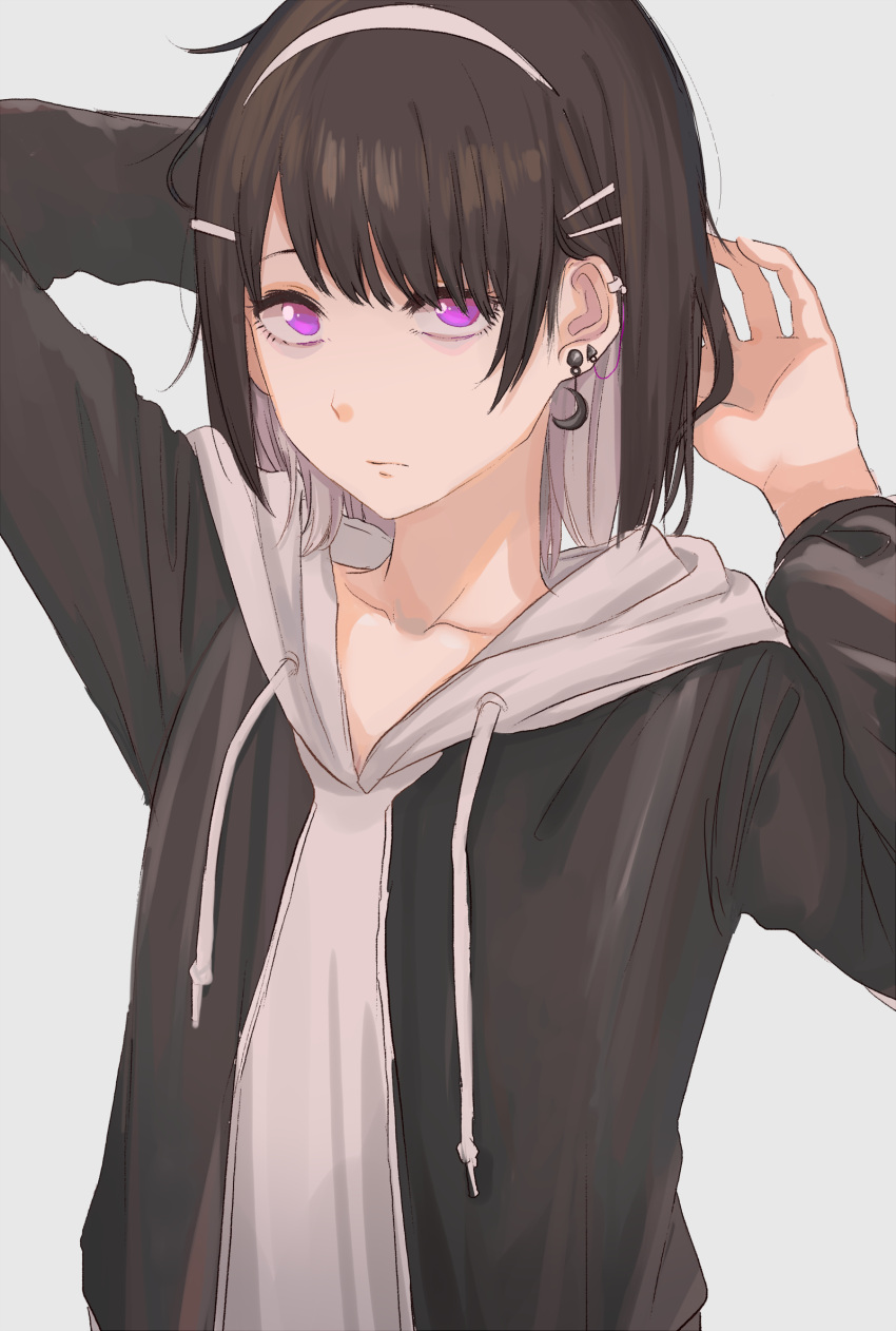 1girl arm_behind_head arm_up bags_under_eyes bangs black_hair black_jacket closed_mouth collarbone crescent crescent_earrings drawstring dress ear_piercing earrings expressionless eyelashes grey_background hairband hand_up highres hood hood_down hooded_dress ibuki_(ibuki0118) jacket jewelry long_sleeves looking_at_viewer multicolored_hair open_clothes open_jacket original piercing sanpaku short_hair sidelocks simple_background solo two-tone_hair upper_body violet_eyes white_dress white_hair white_hairband