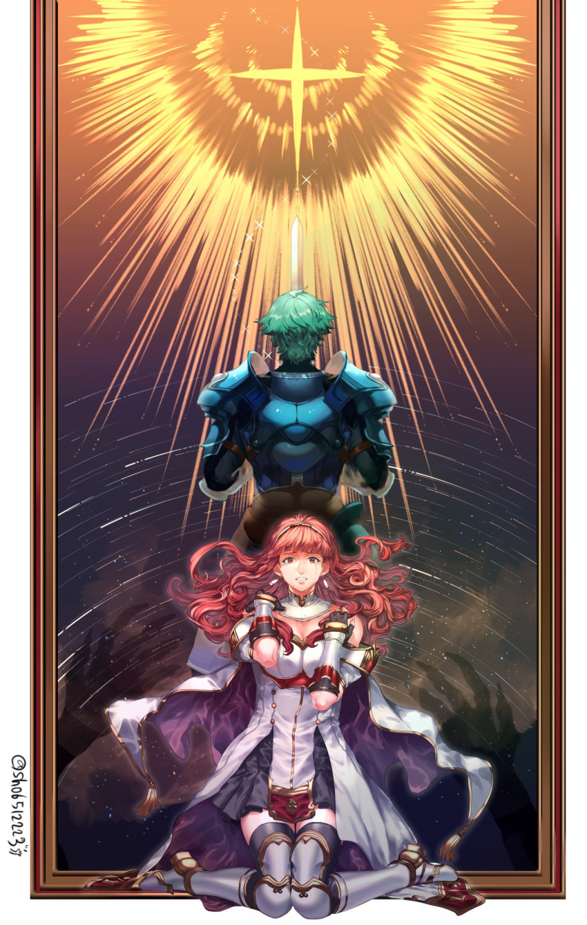 1boy 1girl alm_(fire_emblem) armor back cape celica_(fire_emblem) dress earrings fingerless_gloves fire_emblem fire_emblem_echoes:_mou_hitori_no_eiyuuou gloves green_hair headband highres jewelry long_hair looking_at_viewer nintendo open_mouth red_eyes redhead sad sh06512223 short_hair simple_background tears thigh-highs tiara