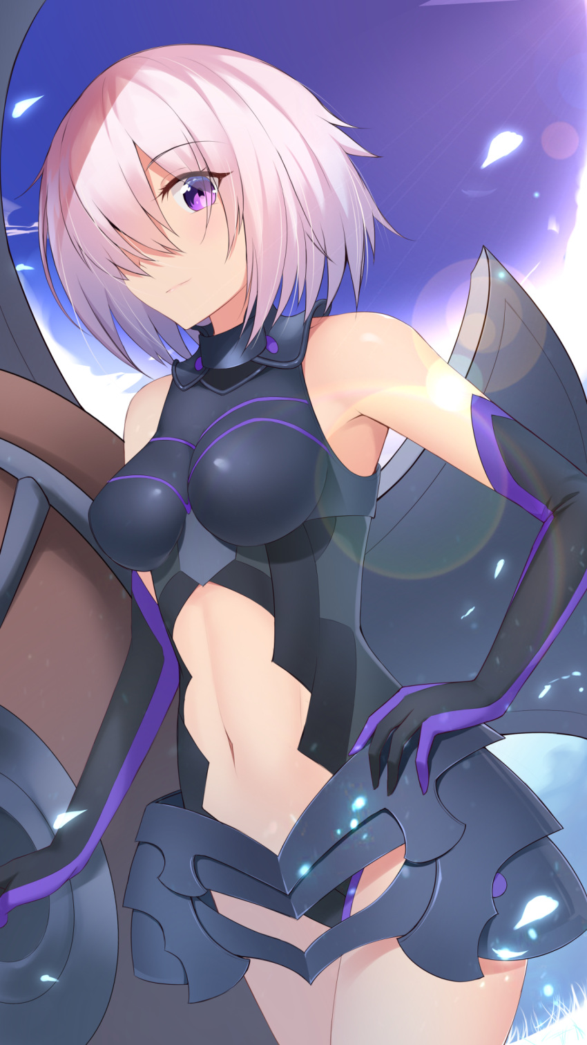 1girl armored_leotard black_gloves black_leotard breasts breasts_apart cowboy_shot elbow_gloves eyebrows_visible_through_hair fate/grand_order fate_(series) feng_mouren gloves hair_over_one_eye hand_on_hilt highres lens_flare leotard looking_at_viewer mash_kyrielight medium_breasts midriff navel outdoors pink_hair shield short_hair solo standing stomach violet_eyes
