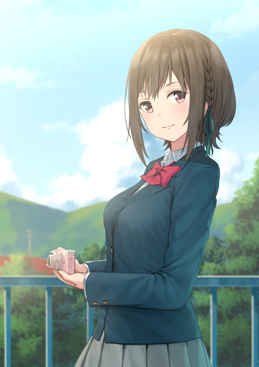 1girl bangs blazer blue_jacket blue_sky blurry blurry_background blush bow bowtie braid breasts brown_hair buttons camera closed_mouth clouds collared_shirt day depth_of_field erezu green_ribbon grey_skirt hair_ribbon head_tilt highres holding holding_camera irozuku_sekai_no_ashita_kara jacket kazano_asagi long_sleeves looking_at_viewer medium_breasts miniskirt mountain outdoors pleated_skirt railing red_eyes red_neckwear ribbon school_uniform shirt short_hair sidelocks skirt sky smile solo tree upper_body white_shirt wing_collar