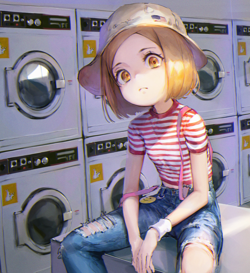 1girl absurdres alternate_costume american_flag bangs blonde_hair denim fate/grand_order fate_(series) hat highres huge_filesize indoors jeans laundromat overalls pants parted_bangs paul_bunyan_(fate/grand_order) ripped_jeans shirt shogo_(shogo) short_hair short_sleeves sitting smiley_face solo striped striped_shirt torn_clothes torn_jeans torn_pants washing_machine white_hat wristband yellow_eyes