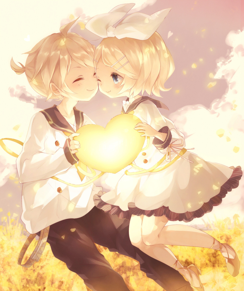 1boy 1girl ;&gt; ^_^ anniversary birthday blonde_hair blue_eyes blush bow brother_and_sister buttons cheek-to-cheek child closed_eyes closed_eyes coco_(hinatacoco) commentary dress field flower flower_field fluffy glowing_heart hair_bow hair_ornament hairclip highres holding kagamine_len kagamine_rin long_sleeves one_eye_closed pants pantyhose petals sailor_collar shoe_ribbon siblings smile twins vocaloid white_legwear yellow_flower