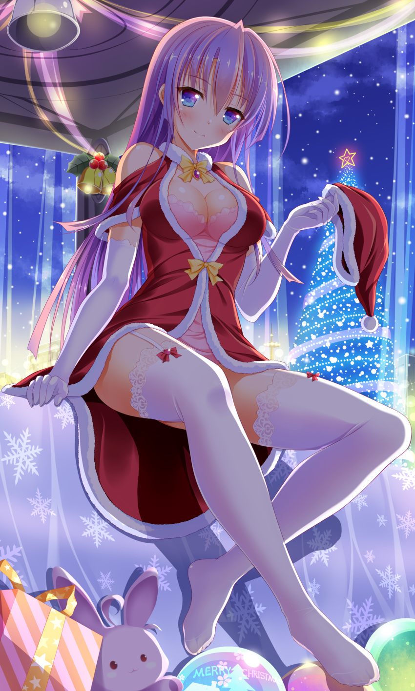 1girl bangs bashen_chenyue bell blue_eyes blush bow box breasts christmas christmas_ornaments christmas_tree cleavage closed_mouth clouds collarbone dress elbow_gloves eyebrows_visible_through_hair fur-trimmed_dress fur-trimmed_hat fur-trimmed_sleeves fur_trim garter_straps gift gift_box gloves hair_between_eyes hat hat_removed head_tilt headwear_removed heart highres holding holding_hat lace lace-trimmed_thighhighs long_hair medium_breasts merry_christmas night night_sky no_shoes original outdoors purple_hair red_bow red_dress red_hat santa_hat short_sleeves sky smile snowflake_print snowing solo star stuffed_animal stuffed_bunny stuffed_toy thigh-highs very_long_hair white_gloves white_legwear yellow_bow