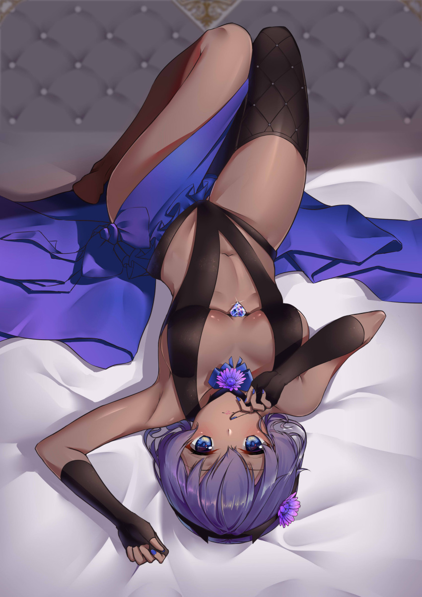 1girl absurdres arm_up asymmetrical_legwear bangs bare_legs bare_shoulders barefoot bed_sheet black_gloves black_legwear black_leotard blue_bow blue_eyes blue_nails blurry blurry_background blush bow breasts center_opening collarbone commentary_request depth_of_field elbow_gloves fate/prototype fate/prototype:_fragments_of_blue_and_silver fate_(series) fingerless_gloves fingernails flower glint gloves hair_between_eyes hand_up hassan_of_serenity_(fate) heart highres knees_up leotard looking_at_viewer lying medium_breasts nail_polish navel on_back purple_flower purple_hair single_thighhigh solo thigh-highs upside-down yiyu_qing_mang