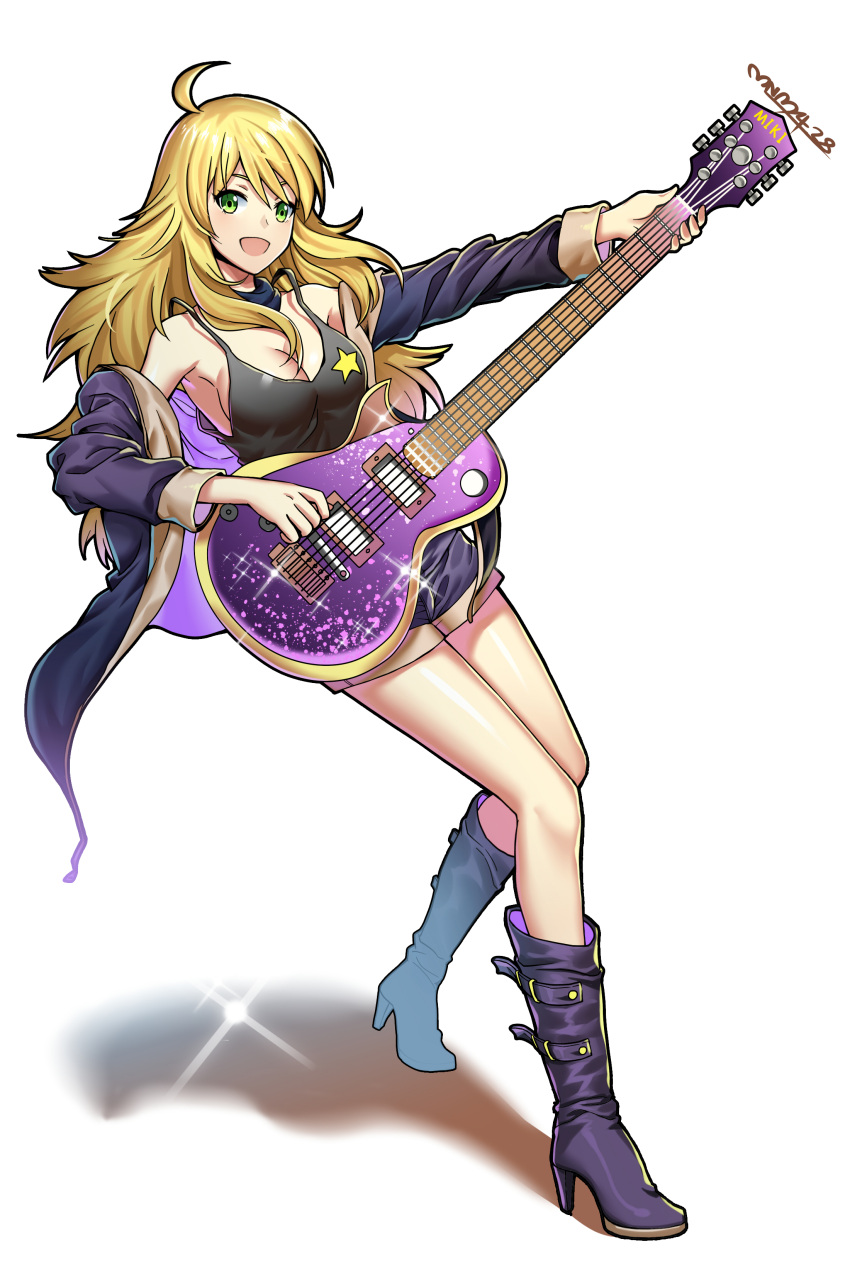 1girl :d absurdres ahoge black_footwear black_shirt black_shorts blonde_hair boots breasts cleavage coat green_eyes high_heel_boots high_heels highres holding holding_instrument hoshii_miki idolmaster idolmaster_(classic) instrument leaning_back long_hair looking_at_viewer makise_medaka medium_breasts open_clothes open_coat open_mouth print_shirt shiny shiny_hair shiny_skin shirt short_shorts shorts sideboob simple_background sleeveless sleeveless_shirt smile star star_print very_long_hair white_background
