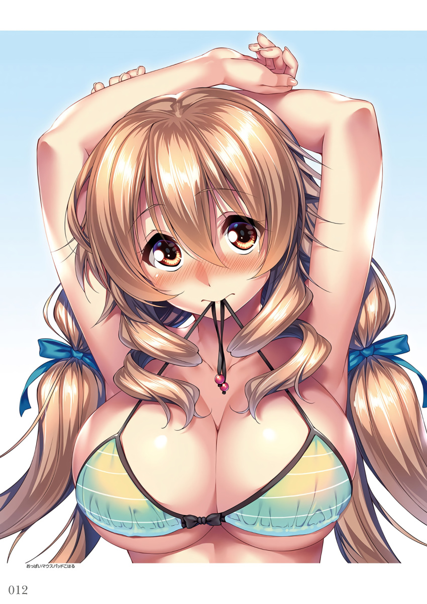 1girl amakano armpits arms_behind_head arms_up bangs bikini blue_ribbon blush bow_bikini breasts brown_hair cleavage closed_mouth collarbone drill_hair eyebrows_visible_through_hair fingernails green_bikini_top hair_between_eyes hair_ribbon highres hoshikawa_koharu large_breasts light_brown_hair long_fingernails long_hair looking_at_viewer mouth_hold nail_polish nose_blush page_number pink_nails piromizu ribbon sidelocks smile solo swimsuit twintails under_boob untied untied_bikini upper_body