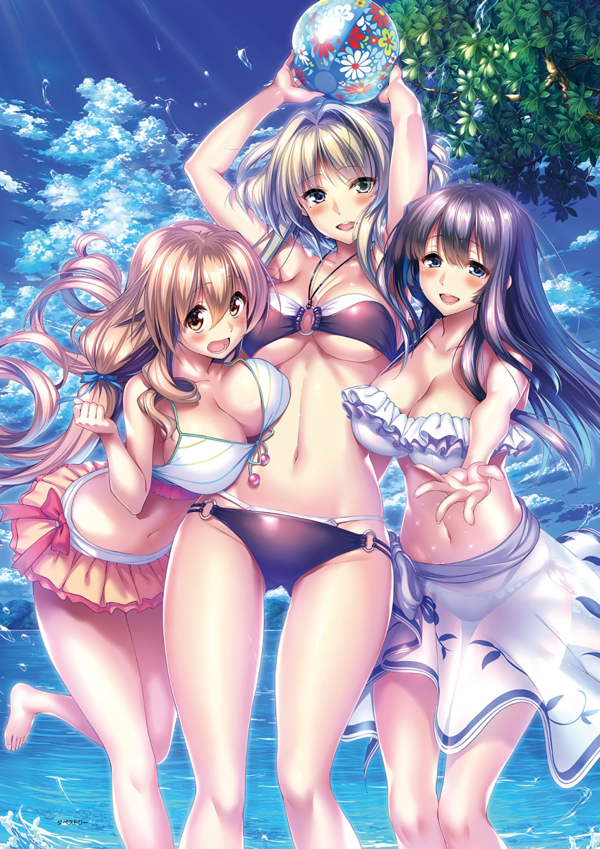 3girls amakano bikini black_hair blonde_hair blue_eyes blush breasts brown_eyes cleavage clouds day frilled_bikini frills girl_sandwich grey_eyes groin hair_ribbon heterochromia highres hoshikawa_koharu kanbayashi_mizuki large_breasts layered_bikini light_brown_hair long_hair looking_at_viewer mole mole_under_eye multiple_girls navel o-ring o-ring_bikini o-ring_bottom o-ring_top open_mouth outdoors piromizu ribbon sandwiched sarong see-through silver_hair sky smile swimsuit takayashiro_sayuki thighs under_boob white_bikini