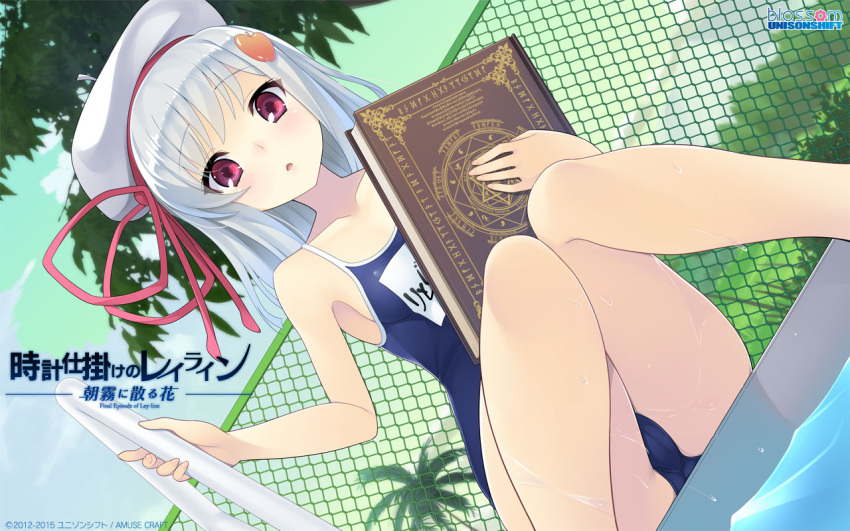 1girl official_art red_eyes ribbon rito_(tokeijikake_no_ley_line) school_swimsuit silver_hair swimsuit tokeijikake_no_ley_line urabi_(tomatohouse)