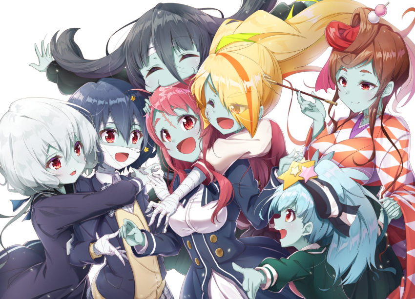 6+girls :d ;d ahoge aqua_hair bandage black_hair blazer blonde_hair bow brown_hair eyebrows_visible_through_hair eyes_visible_through_hair facial_scar forehead_scar green_skin group_hug hair_between_eyes hair_bow hair_ornament hair_over_one_eye hair_ribbon highres hoshikawa_lily hug jacket japanese_clothes kimono konno_junko letterman_jacket long_hair low_twintails matokechi minamoto_sakura mizuno_ai multicolored_hair multiple_girls neck_scar nikaidou_saki one_eye_closed open_mouth patchwork_skin polka_dot ponytail red_eyes redhead ribbon scar school_uniform short_hair skirt smile star star_hair_ornament streaked_hair twintails yamada_tae yuugiri_(zombie_land_saga) zombie zombie_land_saga