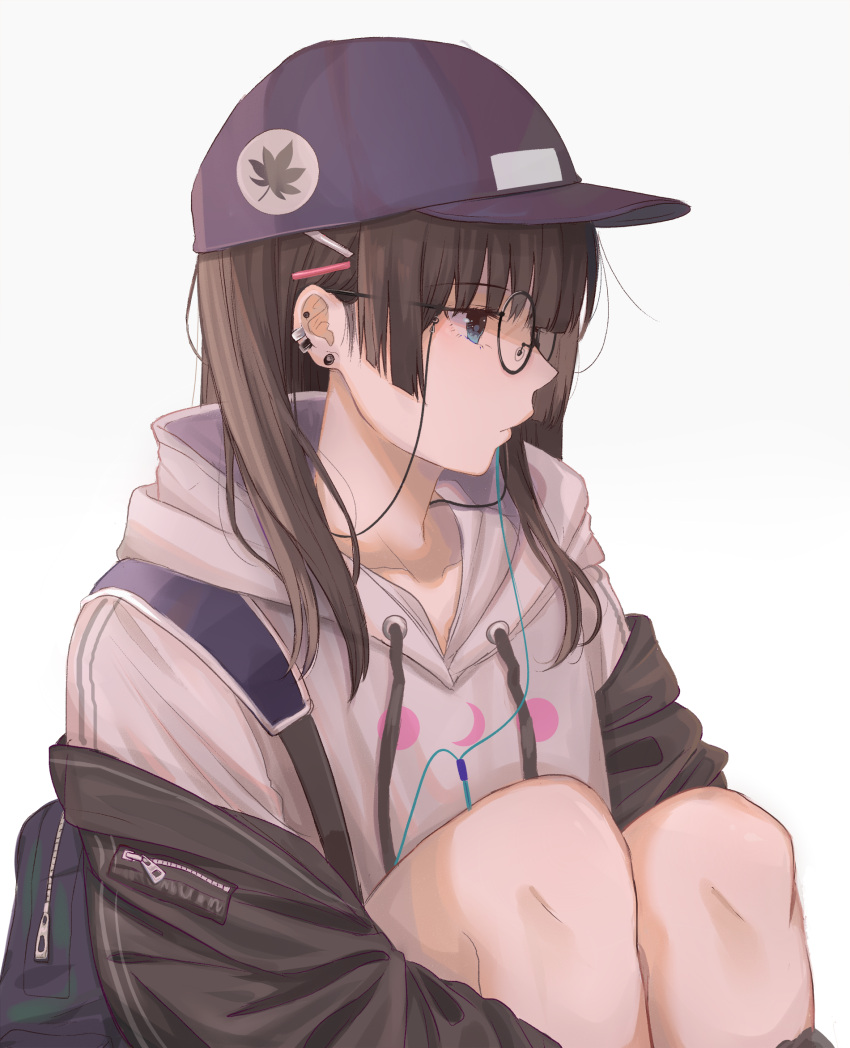 1girl backpack bag bangs bare_legs bespectacled black-framed_eyewear black_hair black_jacket blue_eyes blue_hat cable closed_mouth collarbone commentary_request drawstring ear_piercing earphones earrings expressionless eyebrows_visible_through_hair glasses hair_ornament hairclip hat highres hood hood_down hoodie ibuki_(ibuki0118) jacket jewelry knees_up leaf_print leg_hug long_hair long_sleeves looking_to_the_side nijisanji off_shoulder open_clothes open_jacket peaked_cap piercing profile round_eyewear sidelocks simple_background sitting solo tsukino_mito virtual_youtuber white_background white_hoodie zipper zipper_pull_tab