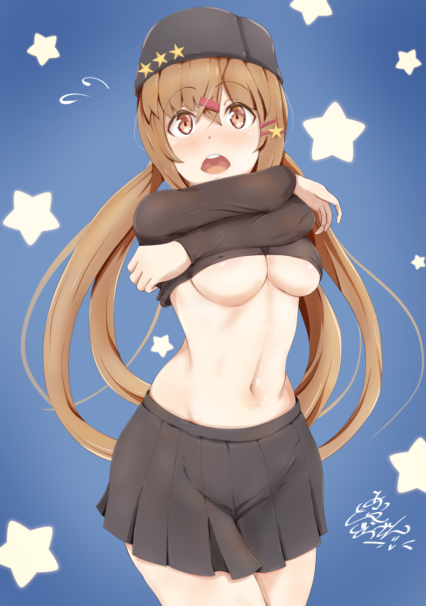 absurdres artist_request black_shirt black_skirt blue_background breasts brown_eyes brown_hair hair_ornament hairpin highres kantai_collection long_hair medium_breasts navel open_mouth papakha removing_shirt shirt skirt star tashkent_(kantai_collection) twintails under_boob