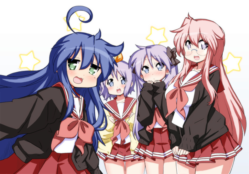 4girls :3 :d ahoge bangs blue_eyes blue_hair blush breasts cardigan clenched_hands commentary_request dot_nose double_horizontal_stripe flat_chest glasses green_eyes hands_up hiiragi_kagami hiiragi_tsukasa huge_ahoge izumi_konata jitome large_breasts long_hair long_sleeves looking_at_viewer lucky_star miniskirt mizushima_(p201112) mole mole_under_eye multiple_girls neckerchief open_cardigan open_clothes open_mouth pink_hair pink_neckwear pleated_skirt puffy_long_sleeves puffy_sleeves purple_hair raised_eyebrows red_sailor_collar red_skirt rimless_eyewear round_eyewear ryouou_school_uniform sailor_collar school_uniform serafuku shirt short_hair siblings simple_background sisters sketch_eyebrows skirt sleeves_past_wrists smile standing takara_miyuki tareme tsurime twins twintails v_arms very_long_hair violet_eyes white_background white_shirt wide_sleeves yellow_cardigan