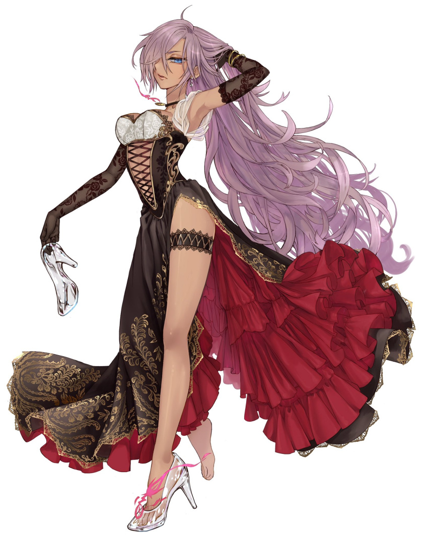 1girl arm_behind_head armpits black_gloves blue_eyes bored breasts brown_dress brown_leg_garter center_opening china_dress chinese_clothes cinderella_(sinoalice) cross-laced_clothes cuffs curly_hair dark_skin disdain dress earrings elbow_gloves floral_print frilled_dress frills full_body glass_slipper gloves glowing hair_over_one_eye hand_in_hair highres holding jewelry leg_garter long_dress long_hair looking_at_viewer medium_breasts necklace ojo_aa ornament parted_lips pelvic_curtain purple_hair red_frills shackles shiny shiny_skin side_slit sinoalice solo thighs very_long_hair walking white_background