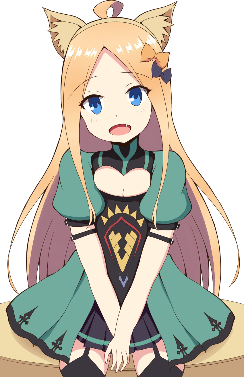 1girl :d abigail_williams_(fate/grand_order) absurdres ahoge animal_ear_fluff animal_ears atalanta_(fate) atalanta_(fate)_(cosplay) bangs black_bow black_legwear black_skirt blonde_hair blue_eyes blush bow breasts cat_ears cleavage cleavage_cutout commentary_request cosplay dress fake_animal_ears fang fate/apocrypha fate/grand_order fate_(series) forehead garter_straps green_dress hair_bow head_tilt highres long_hair mitchi open_mouth orange_bow parted_bangs pleated_skirt puffy_short_sleeves puffy_sleeves short_sleeves sitting skirt small_breasts smile solo thigh-highs very_long_hair white_background