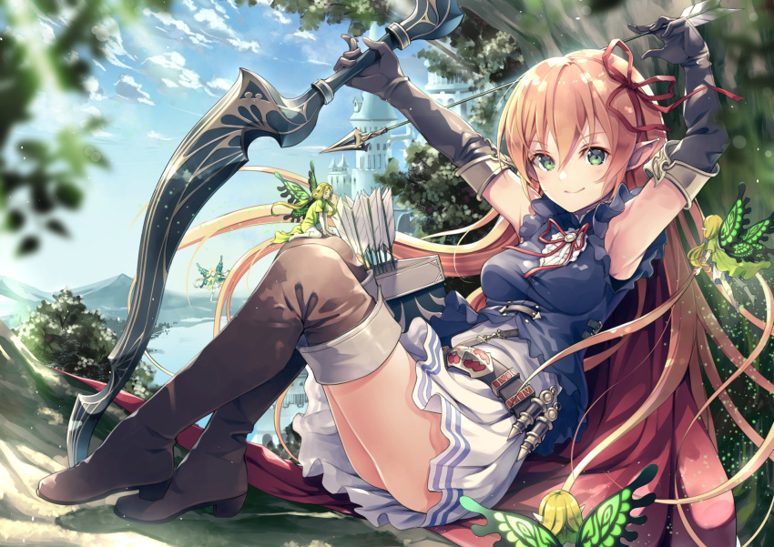 1girl arisa_(shadowverse) armpits arms_up arrow bangs belt belt_buckle blonde_hair blue_shirt blue_sky blurry blurry_foreground blush boots bow_(weapon) brown_belt brown_footwear brown_gloves brown_legwear buckle castle closed_mouth clouds commentary_request day depth_of_field dress elbow_gloves elf eyebrows_visible_through_hair gloves green_eyes hair_between_eyes hair_ribbon highres holding holding_arrow holding_bow_(weapon) holding_weapon long_hair outdoors pointy_ears quiver red_ribbon ribbon shadowverse shirt sitting sky smile solo thigh-highs thigh_boots very_long_hair weapon white_dress yoshino_ryou