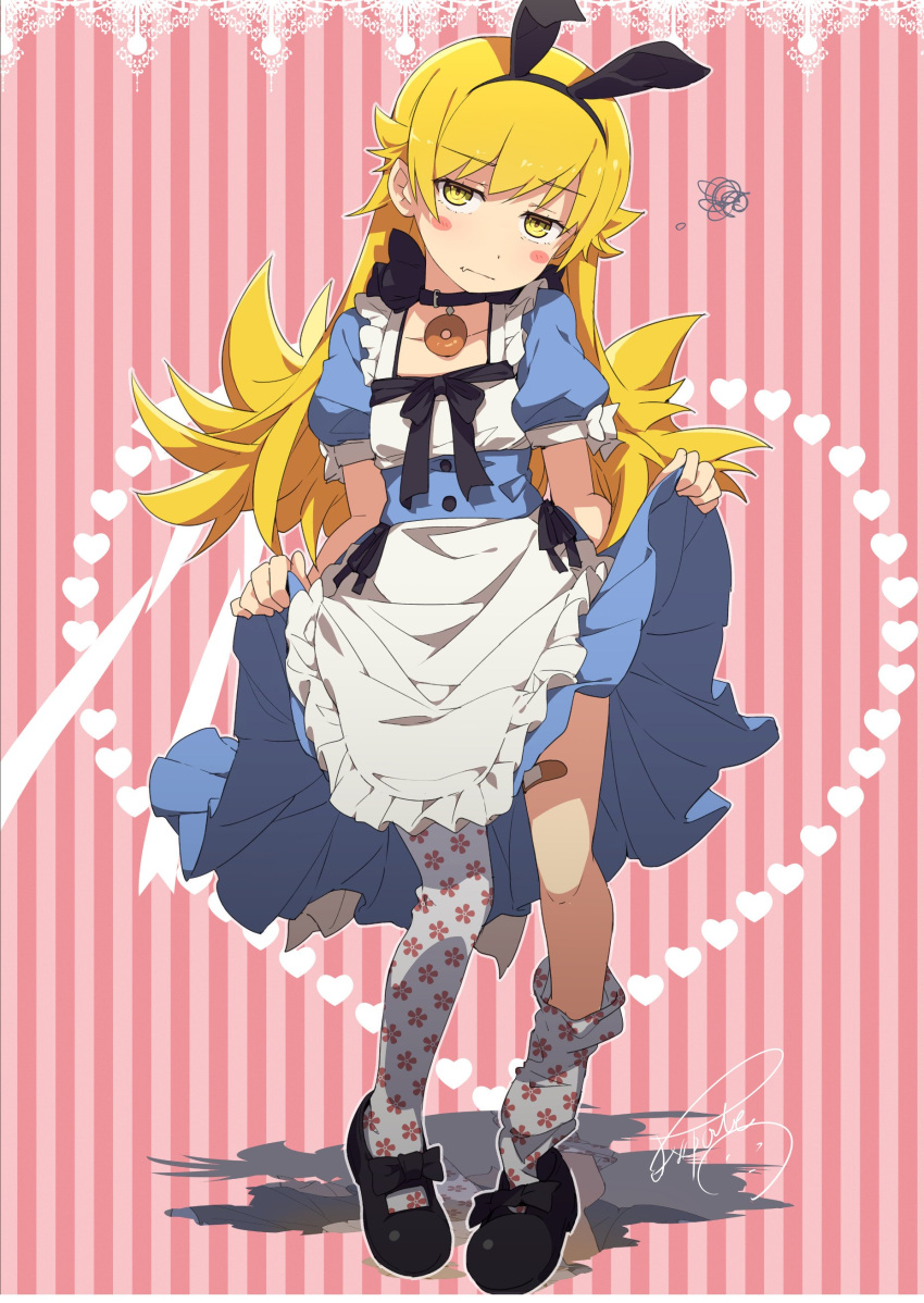 1girl absurdres animal_ears bandaid blonde_hair blush_stickers choker commentary_request dress dress_lift fang_out floral_print highres long_hair looking_at_viewer mary_janes monogatari_(series) ogipote oshino_shinobu rabbit_ears shoes signature single_shoe solo thigh-highs yellow_eyes