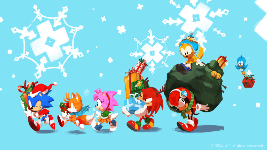 1girl 5boys ;) amy_rose armadillo bird blue_background blue_hat carrying christmas earmuffs eyelashes fake_antlers flicky flying_squirrel fox furry gift gloves hairband hat hedgehog highres knuckles_the_echidna mighty_the_armadillo multiple_boys no_humans official_art one_eye_closed orange_skirt ray_the_flying_squirrel sack santa_costume santa_hat scarf shoes simple_background sitting skirt smile sneakers snowflakes sonic sonic_mania sonic_mania_adventures squirrel tails_(sonic) tyson_hesse walking watermark white_gloves