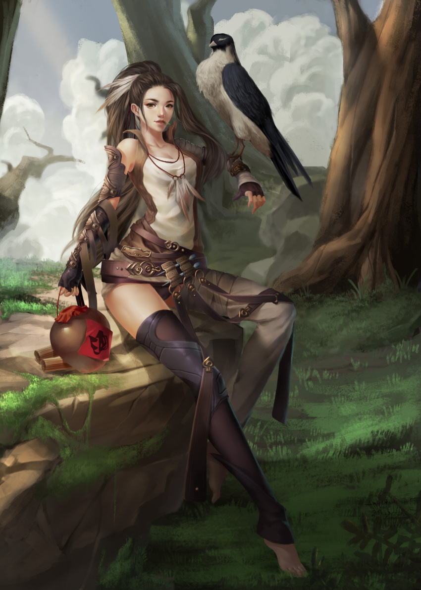 1girl absurdres ajio_(pixiv7718798) bandage bandaged_arm bandages barefoot belt bird black_gloves breasts brown_eyes clouds commentary_request day gloves grass highres long_hair looking_at_viewer medium_breasts moss original outdoors parted_lips partly_fingerless_gloves ponytail realistic rock sitting sky tree