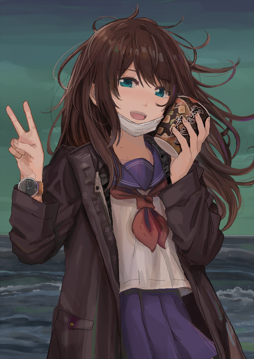 1girl :d absurdres aqua_eyes bangs black_coat blouse blue_sailor_collar blue_skirt brown_hair coat eyebrows_visible_through_hair face_mask hands_up head_tilt highres holding horizon ibuki_(ibuki0118) long_coat long_hair long_sleeves looking_at_viewer mask mask_pull messy_hair miniskirt mole mole_on_neck neckerchief ocean open_clothes open_coat open_mouth original outdoors ramen red_neckwear sailor_collar school_uniform serafuku shirt sidelocks skirt sky smile solo standing upper_body upper_teeth v watch watch white_shirt wing_collar zipper_pull_tab