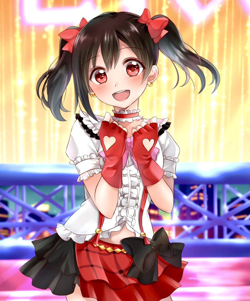 1girl :d black_bow black_hair blurry blurry_background bokura_wa_ima_no_naka_de bow choker earrings eyebrows_visible_through_hair fingerless_gloves floating_hair gloves hair_between_eyes hair_bow heart_cutout highres jewelry kino_xx62 layered_skirt long_hair looking_at_viewer love_live! love_live!_school_idol_project midriff miniskirt multicolored multicolored_clothes multicolored_skirt open_mouth outdoors pink_neckwear red_bow red_eyes red_gloves shiny shiny_hair shirt short_sleeves skirt smile solo standing stomach twintails white_shirt yazawa_nico