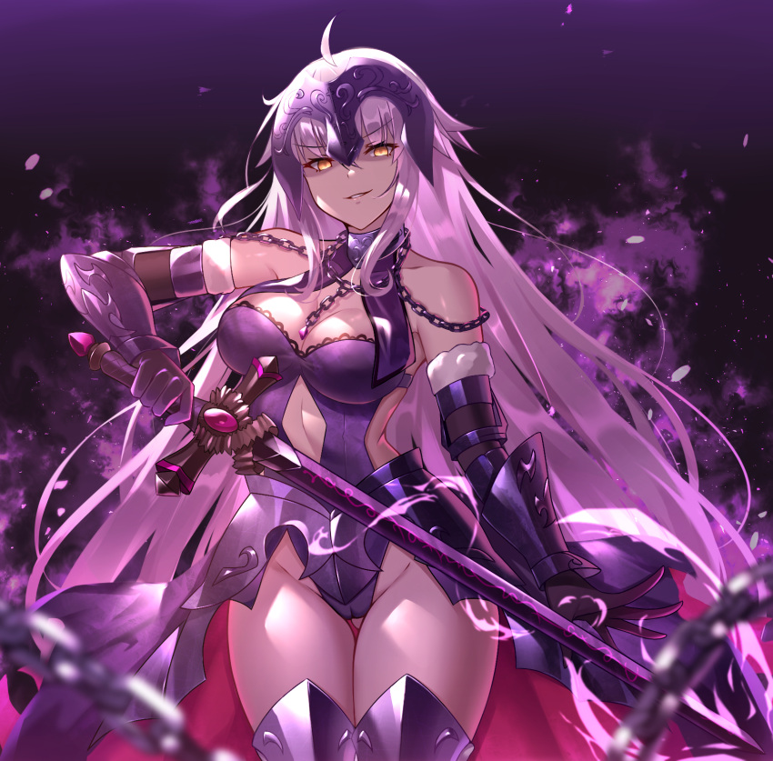 1girl ahoge bare_shoulders black_fire_(peter02713) black_gloves breasts chains cleavage eyebrows_visible_through_hair fate/grand_order fate_(series) gauntlets gloves headpiece highres holding holding_sword holding_weapon jeanne_d'arc_(alter)_(fate) jeanne_d'arc_(fate)_(all) long_hair looking_at_viewer medium_breasts silver_hair smile solo sword thighs weapon yellow_eyes