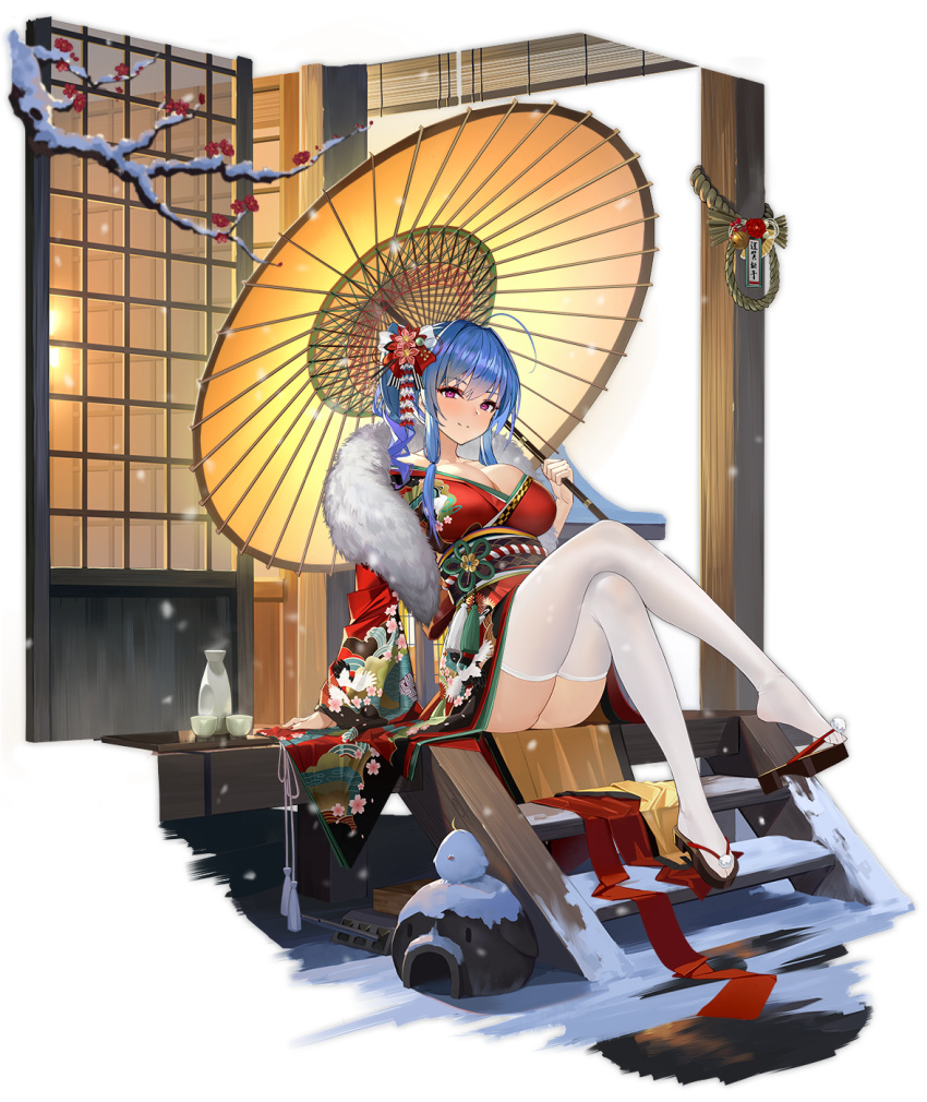 1girl ahoge alternate_costume arm_support azur_lane bangs blue_hair blush bottle breasts cleavage closed_mouth cup eyebrows_visible_through_hair flower full_body fur_collar geta hair_flower hair_ornament highres holding holding_umbrella japanese_clothes kimono large_breasts legs_crossed long_hair looking_at_viewer mr_cloud obi official_art oriental_umbrella red_kimono sake_bottle sash sidelocks sitting smile st._louis_(azur_lane) tabi tassel transparent_background umbrella violet_eyes white_legwear wide_sleeves